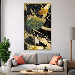 DEKORSTATION Luxury Golden Ginkgo Leaf & Deer Canvas Wall Painting | Modern Abstract Black Gold Nature Wall Art Decor For Living Room | Bedroom | Office | Drawing room
