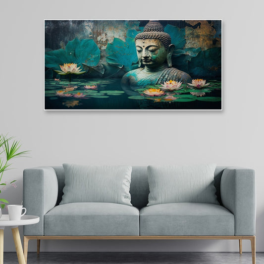 Sculpture of Buddha in Lake With Lotuses Canvas Wall Painting