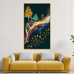 DEKORSTATION Luxury Abstract Deer & Golden Birds Canvas Wall Painting | Modern Nature Landscape Wall Art Decor For Living Room | Bedroom | Office | Drawing room