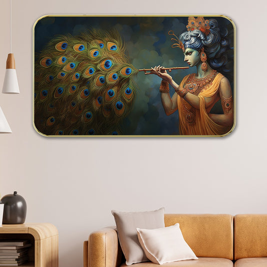 DEKORSTATION Premium Lord Krishna with Peacock Feather Modern Art with Sparkle Lamination - Golden Slim Frame Devotional Painting for Living Room - Finished Surface Spiritual Wall Hanging, 11 x 14 Inch