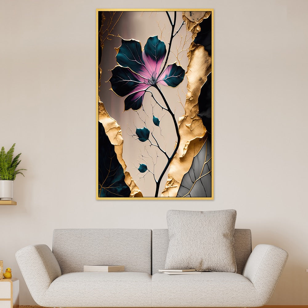 DEKORSTATION Luxury Abstract Floral Canvas Wall Painting | Modern Pink Blue Flower with Gold Leaf Wall Art Decor For Living Room | Bedroom | Office | Drawing room