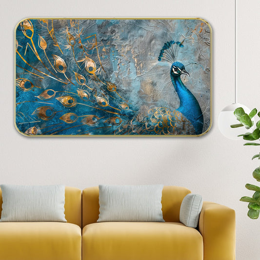 DEKORSTATION Premium Peacock Modern Art Wall Decor with Sparkle Lamination - Golden Slim Frame Abstract Painting for Living Room, Bedroom & Office - Finished Surface Wall Hanging, 11 x 14 Inch