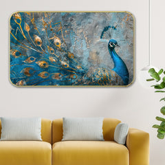 DEKORSTATION Premium Peacock Modern Art Wall Decor with Sparkle Lamination - Golden Slim Frame Abstract Painting for Living Room, Bedroom & Office - Finished Surface Wall Hanging, 11 x 14 Inch