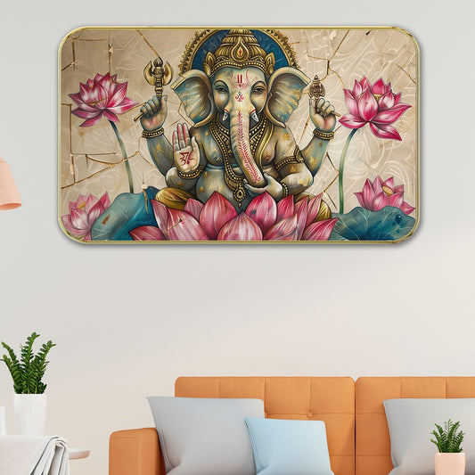 DEKORSTATION Premium Lord Ganesha on Pink Lotus Wall Art with Sparkle Lamination - Golden Slim Frame Ganpati Painting with Marble Texture Background - Finished Surface Spiritual Wall Decor, 11 x 14 Inch