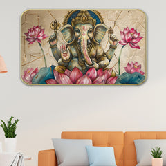 DEKORSTATION Premium Lord Ganesha on Pink Lotus Wall Art with Sparkle Lamination - Golden Slim Frame Ganpati Painting with Marble Texture Background - Finished Surface Spiritual Wall Decor, 11 x 14 Inch