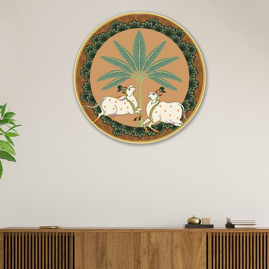 DEKORSTATION Couple Cow Pichwai Wall Painting | Premium Modern Art with Sparkle Lamination | Golden Slim Frame | Finished Surface | 12 x 12 Inch | Home, Office & Hotel Decor