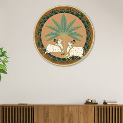 DEKORSTATION Couple Cow Pichwai Wall Painting | Premium Modern Art with Sparkle Lamination | Golden Slim Frame | Finished Surface | 12 x 12 Inch | Home, Office & Hotel Decor