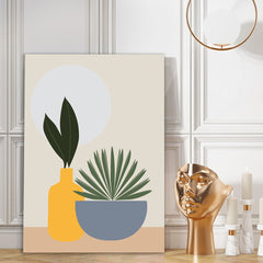 Boho Minimalist Plant Canvas Wall Painting Abstract Botanical Art with Vases and Sun, Modern Home Decor for Wall Decoration Elegant Modern Art Stretched Wall Paintings
