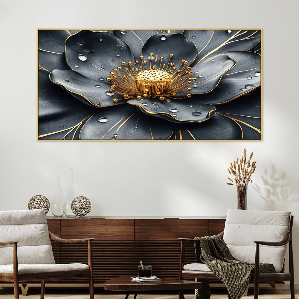 DEKORSTATION Luxury Black & Gold Floral Canvas Wall Painting | Modern Abstract Flower Wall Art Decor For Living Room | Bedroom | Office | Drawing room