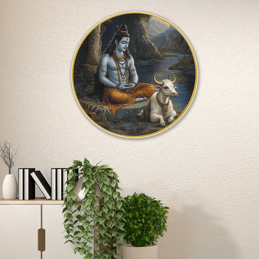 DEKORSTATION Premium Lord Shiva and Nandi Round Wall Art with Sparkle Lamination - Golden Slim Circular Frame Mahadev Painting for Living Room & Pooja Room - Finished Surface Spiritual Wall Decor, 12 x 12 Inch