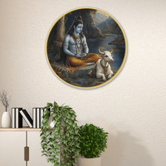 DEKORSTATION Premium Lord Shiva and Nandi Round Wall Art with Sparkle Lamination - Golden Slim Circular Frame Mahadev Painting for Living Room & Pooja Room - Finished Surface Spiritual Wall Decor, 12 x 12 Inch