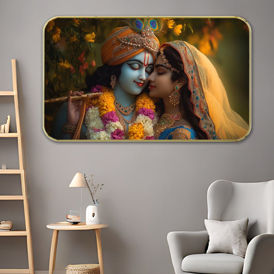 DEKORSTATION Premium Radha Krishna Modern Wall Art with Sparkle Lamination - Golden Slim Frame Devotional Painting for Living Room & Pooja Room - Finished Surface Wall Decor, 11 x 14 Inch