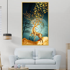 DEKORSTATION Royal Golden Deer Canvas Wall Painting with Flying Birds for Living Room, Bedroom & Office, Drawing room| Luxury Abstract Deer Wildlife Wall Art Decor