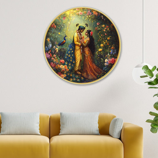 DEKORSTATION Premium Radha Krishna Modern Wall Art with Sparkle Lamination Painting - Golden Slim Round Frame Devotional Painting for Living Room & Pooja Room - Finished Surface Spiritual Wall Decor, 12 x 12 Inch