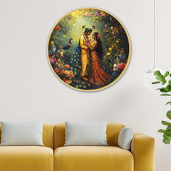 DEKORSTATION Premium Radha Krishna Modern Wall Art with Sparkle Lamination Painting - Golden Slim Round Frame Devotional Painting for Living Room & Pooja Room - Finished Surface Spiritual Wall Decor, 12 x 12 Inch