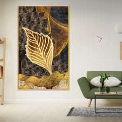 DEKORSTATION Abstract Golden Leaf Canvas Wall Painting | Modern Botanical Wall Art in Gold & Black for Living Room | Bedroom | Office | Drawing room
