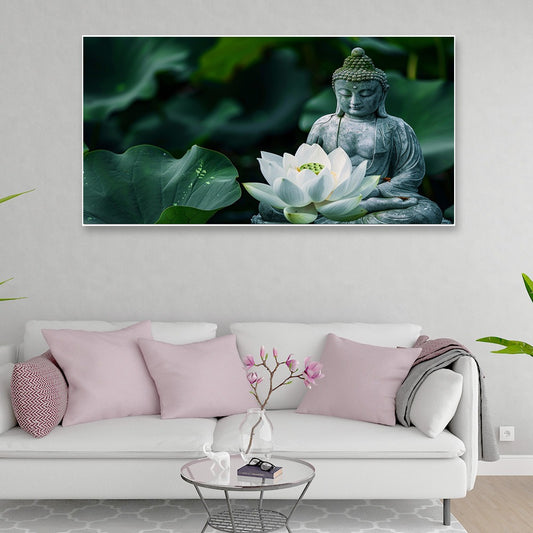 Buddha Statue Meditating Near Blooming White Lotus Flower Canvas Wall Painting