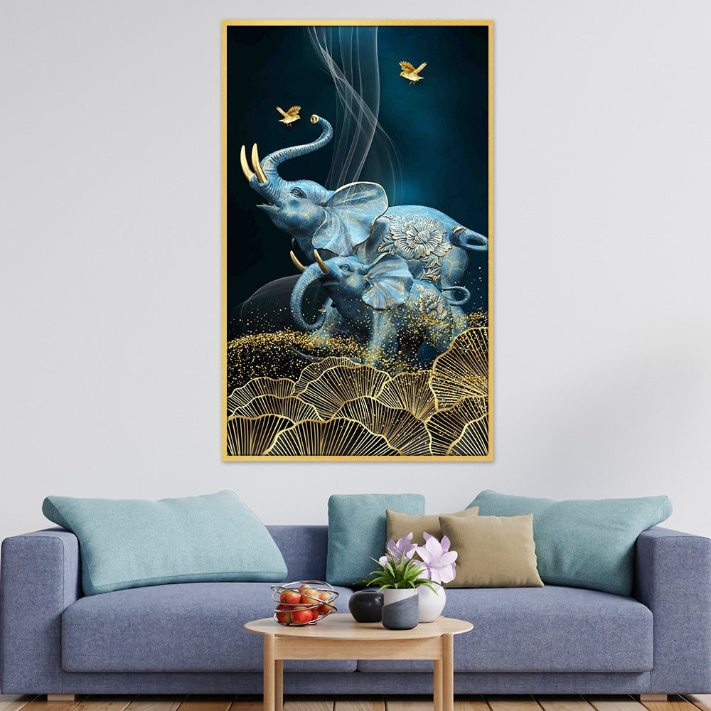 DEKORSTATION Royal Blue Elephant Family Canvas Wall Painting | Luxury Abstract Elephant with Gold Floral Art Decor For Living Room | Bedroom | Office | Drawing room