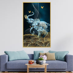 DEKORSTATION Royal Blue Elephant Family Canvas Wall Painting | Luxury Abstract Elephant with Gold Floral Art Decor For Living Room | Bedroom | Office | Drawing room