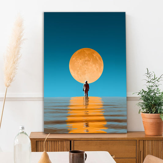 Man walk On River Canvas Painting With with Golden Moon Reflection Wall Art for Wall Decoration Elegant Roman Warrior Moder Art Stretched Wall Paintings