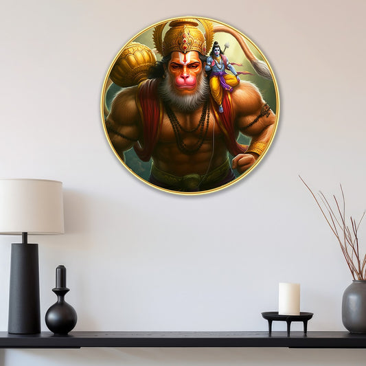 DEKORSTATION Premium Lord Hanuman Carrying Lord Rama Round Wall Art with Sparkle Lamination - Golden Slim Circular Frame Bajrangbali Painting for Living Room & Pooja Room - Finished Surface Spiritual Wall Decor, 12 x 12 Inch