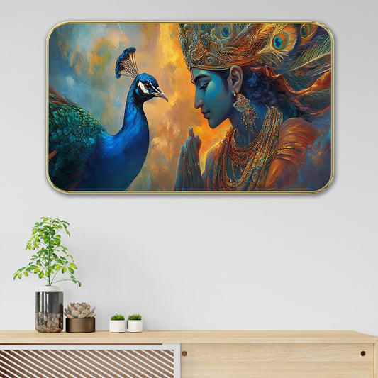 DEKORSTATION Premium Lord Krishna and Peacock Wall Art with Sparkle Lamination - Golden Slim Frame Devotional Painting for Living Room & Office - Finished Surface Spiritual Wall Decor, 11 x 14 Inch
