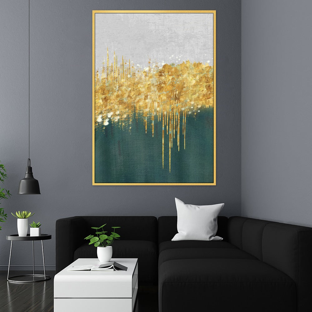 DEKORSTATION Abstract Gold Skyline Canvas Painting with Drip Effect | Modern Wall Art for Living Room Bedroom Office | Luxury Home Decor India