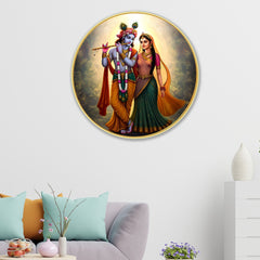 DEKORSTATION Premium Radha Krishna with Flute Round Wall Art with Sparkle Lamination - Golden Slim Circular Frame Devotional Painting for Living Room & Pooja Room - Finished Surface Spiritual Wall Decor, 12 x 12 Inch