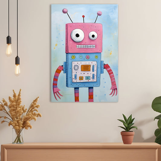 Pink Robot Canvas Wall Painting Colorful Cartoon Tech Inspired Canvas painting for Kids' Room or Playroom for Wall Decoration Elegant Kids Art Stretched Wall Paintings