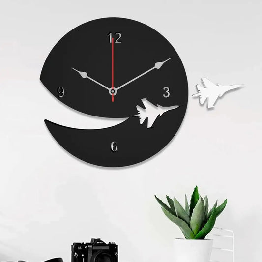 Black Wooden Wall Clock with Airplane Designer Theme
