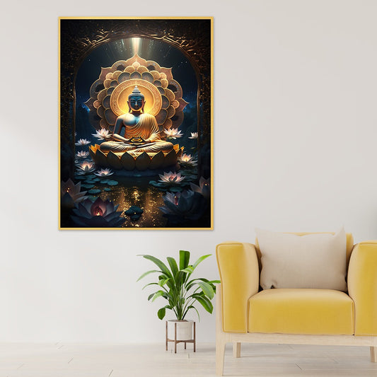 Canvas painting buddha buddhism sits golden lotus surrounded by sparkling colorful lotus flowers  Wall Decoration for Home and Office