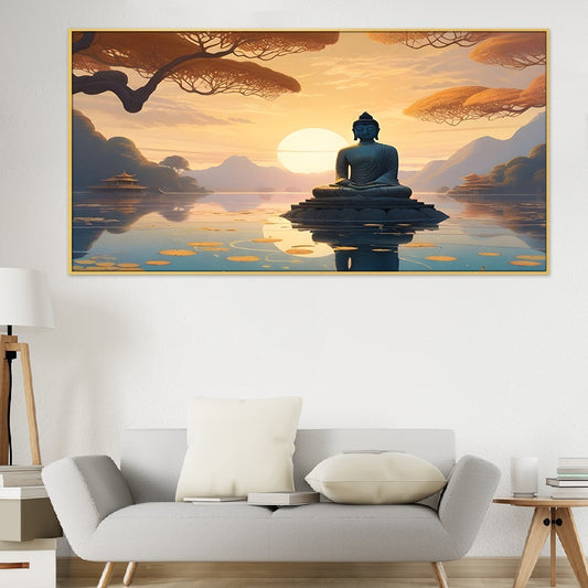 Meditation Buddha In Lake With Sunrise Canvas Wall Painting