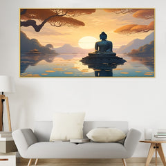 Meditation Buddha In Lake With Sunrise Canvas Wall Painting