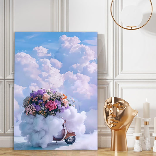 Scooter On Cloud Ride Floral Fantasy Canvas Wall Painting Dreamy Pastel Sky Decor for Wall Decoration Elegant Kids Art Stretched Wall Paintings