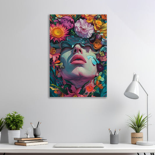 Colourfull flower on lady face Moder Art Canvas Painting for Wall Decoration Elegant Stretched Wall Paintings