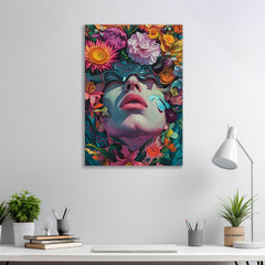 Colourfull flower on lady face Moder Art Canvas Painting for Wall Decoration Elegant Stretched Wall Paintings
