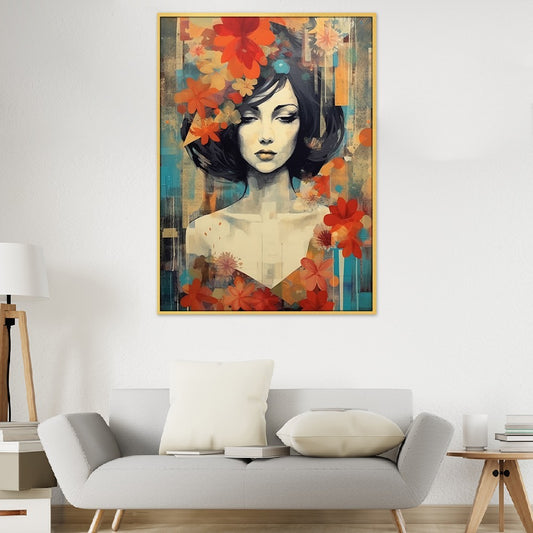 Abstract Art Of Young Woman With Flowers Canvas Wall Painting