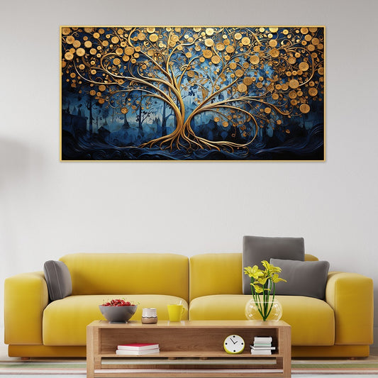 Painting of a Tree With Gold Leaves and Flowers Canvas Wall Painting