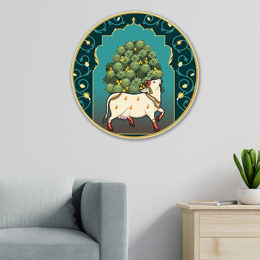 DEKORSTATION Premium Modern Art Wall Decor Ð Sacred Cow (Kamadhenu) Traditional Artwork | Sparkle Lamination | Golden Slim Frame | Finished Surface | 12 x 12 Inch | Home, Office & Hotel Decor