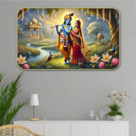 DEKORSTATION Premium Radha Krishna in Vrindavan Garden Wall Art with Sparkle Lamination - Golden Slim Frame Devotional Painting with Lotus & Peacocks for Living Room - Finished Surface Spiritual Wall Decor, 11 x 14 Inch