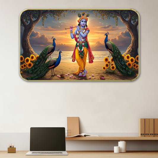 DEKORSTATION Premium Lord Krishna Playing Flute on Beach Art with Sparkle Lamination - Golden Slim Frame Devotional Painting with Peacocks & Sunflowers - Finished Surface Spiritual Wall Decor, 11 x 14 Inch