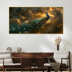 DEKORSTATION-Premium-Galaxy-Peacock-Canvas-Wall-Painting-|-Vastu-Painting-Cosmic-Blue-&-Gold-Bird-Art-with-Starry-Abstract-Background-for-Living-Room,-Bedroom-&-Home-Decor