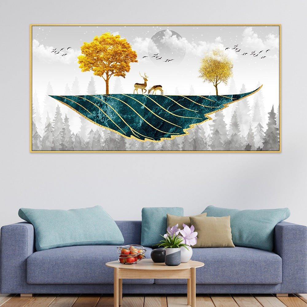 DEKORSTATION Abstract Nature Canvas Wall Painting with Deer Trees Birds Gold Teal Canvas Painting Home Decoration for Living Room | Bedroom | Office | Drawing room