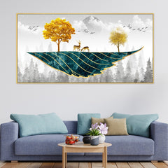 DEKORSTATION Abstract Nature Canvas Wall Painting with Deer Trees Birds Gold Teal Canvas Painting Home Decoration for Living Room | Bedroom | Office | Drawing room