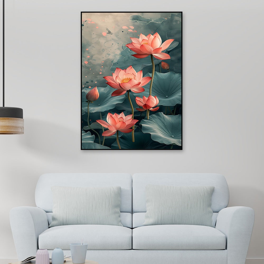 Elegant Lotus Blossom Canvas Wall Painting Tranquil Botanical Wall Art