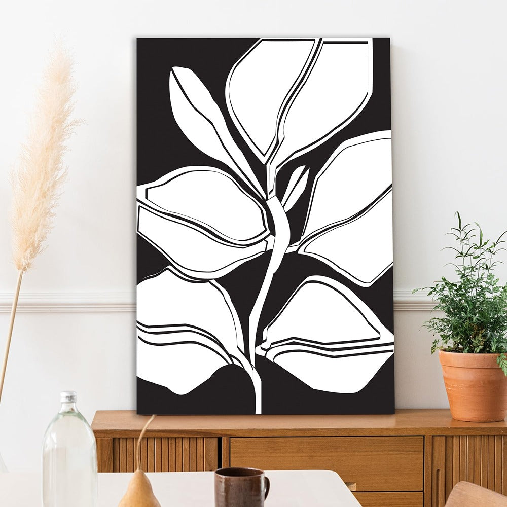 Abstract Botanical Leaf Canvas Painting Minimalist Nature Inspired Black and White Art for Wall Decoration Elegant Modern Art Stretched Wall Paintings