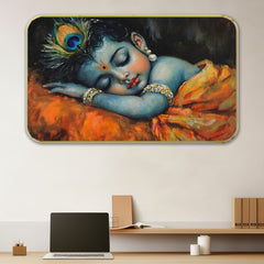 DEKORSTATION Premium Modern Baby Krishna Wall Painting with Sparkle Lamination | Golden Slim Frame | 11 x 14 Inch Religious Wall Art for Home, Office & Hotel Decor