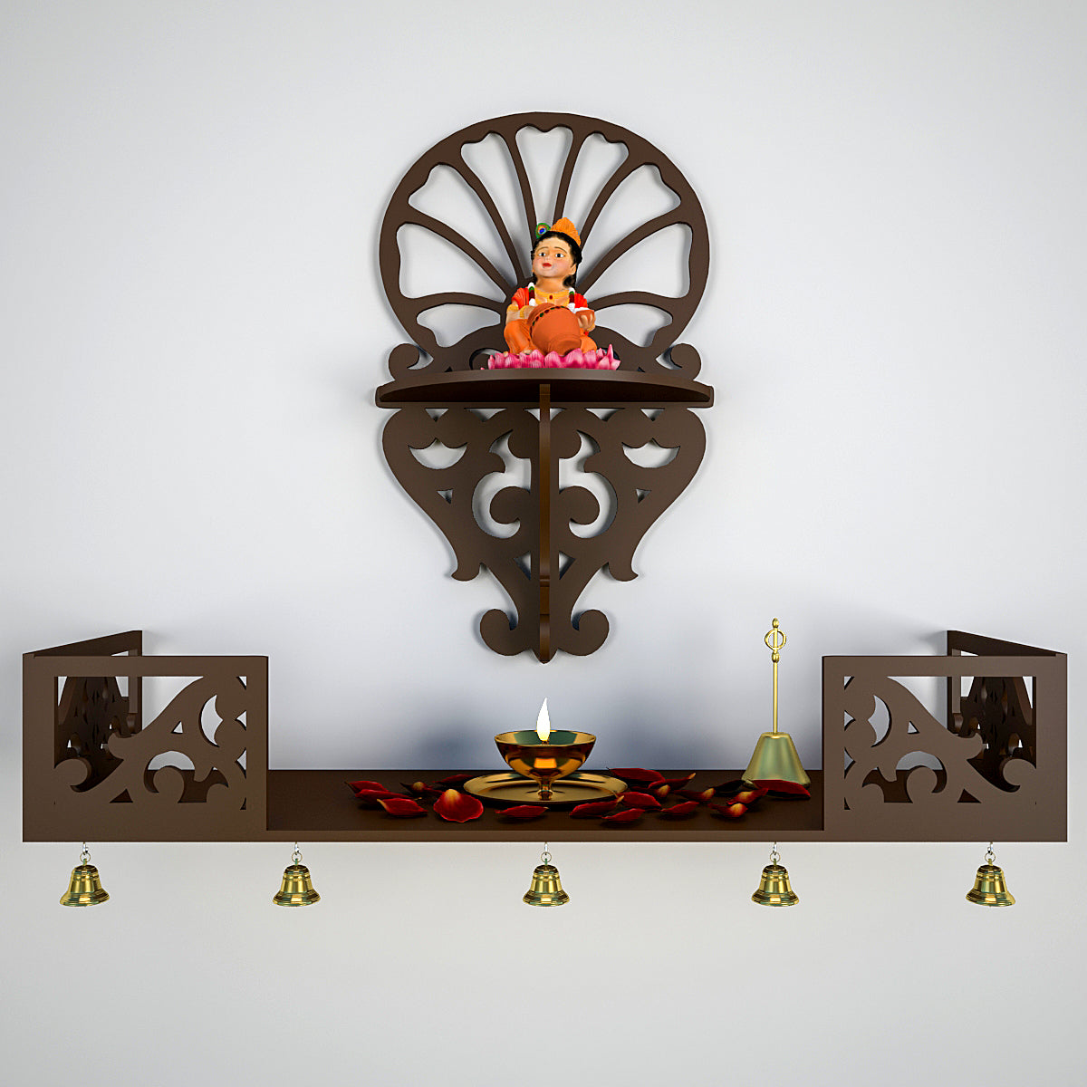 Beautiful Wall Hanging Wooden Temple/ Pooja Mandir Design with Shelf, Brown Color (DS003)