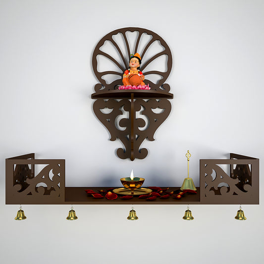 Beautiful Wall Hanging Wooden Temple/ Pooja Mandir Design with Shelf, Brown Color (DS003)