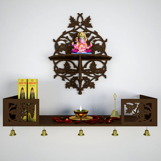 Beautiful Wall Hanging Wooden Temple/ Pooja Mandir Design With Shelf, Brown Color (DS007)